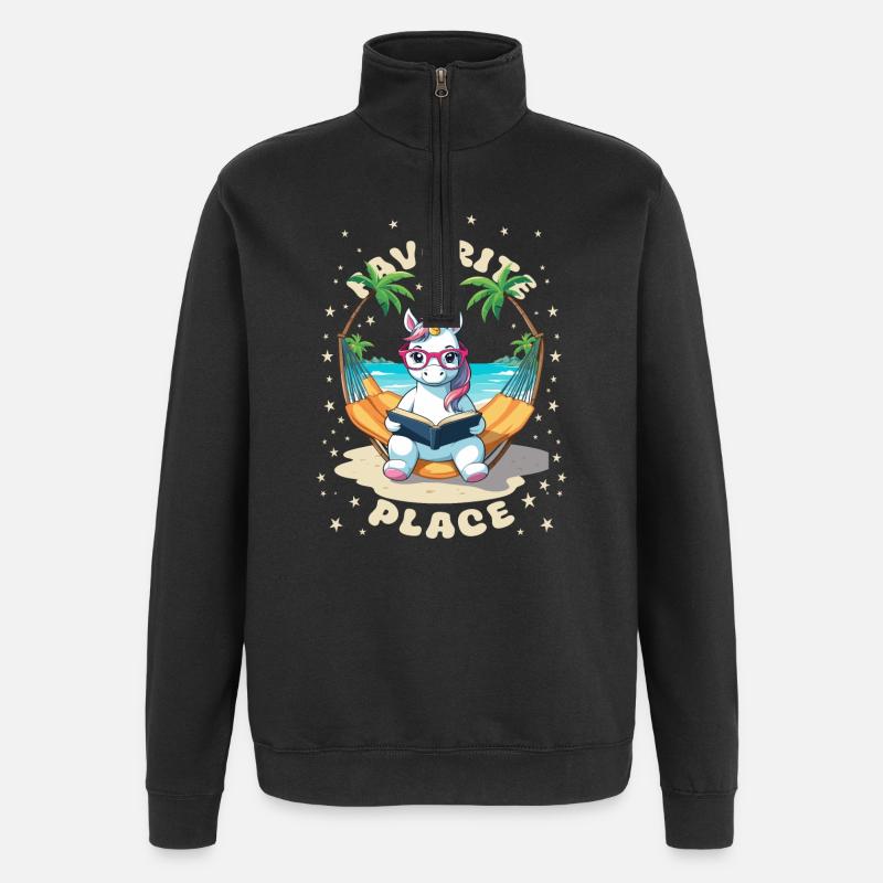 Einhorn mit Buch - Quarter-Zip-Sweatshirt - Schwarz