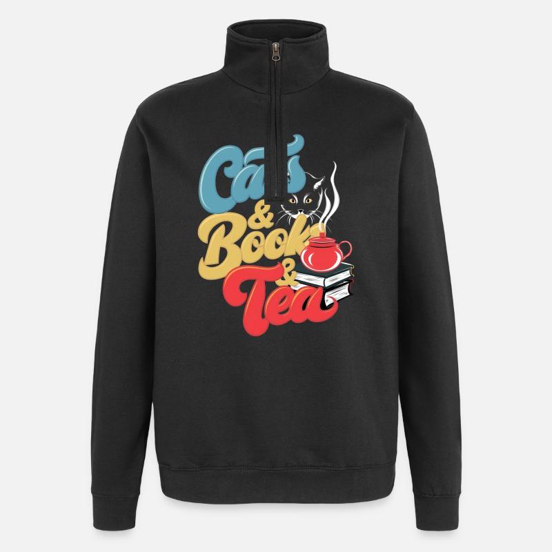 Katzen und Tee Druck - Quarter-Zip-Sweatshirt - Schwarz
