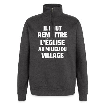 église, village, priorité - Sweat à zip 1/4 - charbon - Devant - AI Model Female 172 light (172cm) & AI Model Male 178 dark (178cm)