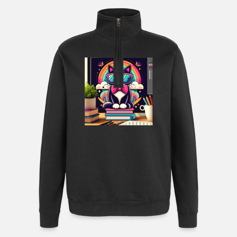 Chat studieux à lunettes - Sweat à zip 1/4 - noir