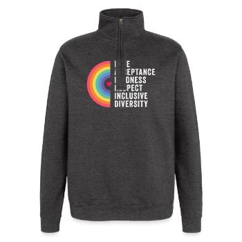 Mois de la fierté LGBT - Amour. Acceptation. Bonté. - Sweat à zip 1/4 - charbon - Devant - AI Model Female 172 light (172cm) & AI Model Male 178 dark (178cm)