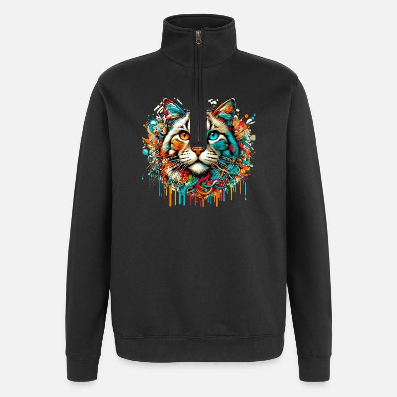 Katze - Quarter-Zip-Sweatshirt - Schwarz