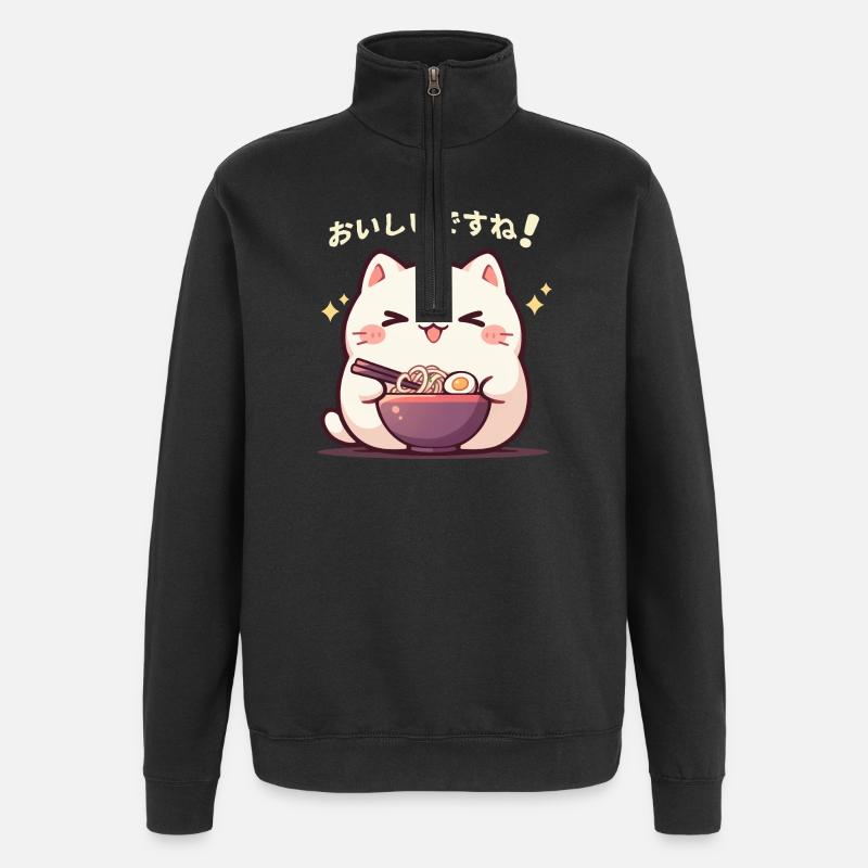 Cat eating Ramen - Quarter-Zip Sweatshirt - black