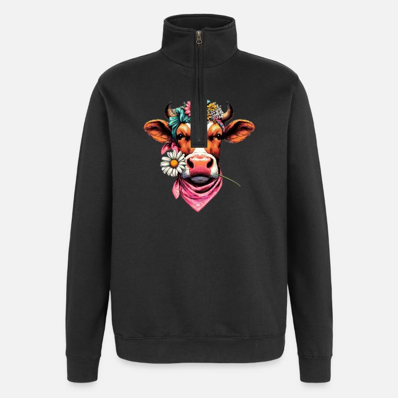 Vache avec des fleurs - Sweat à zip 1/4 - noir