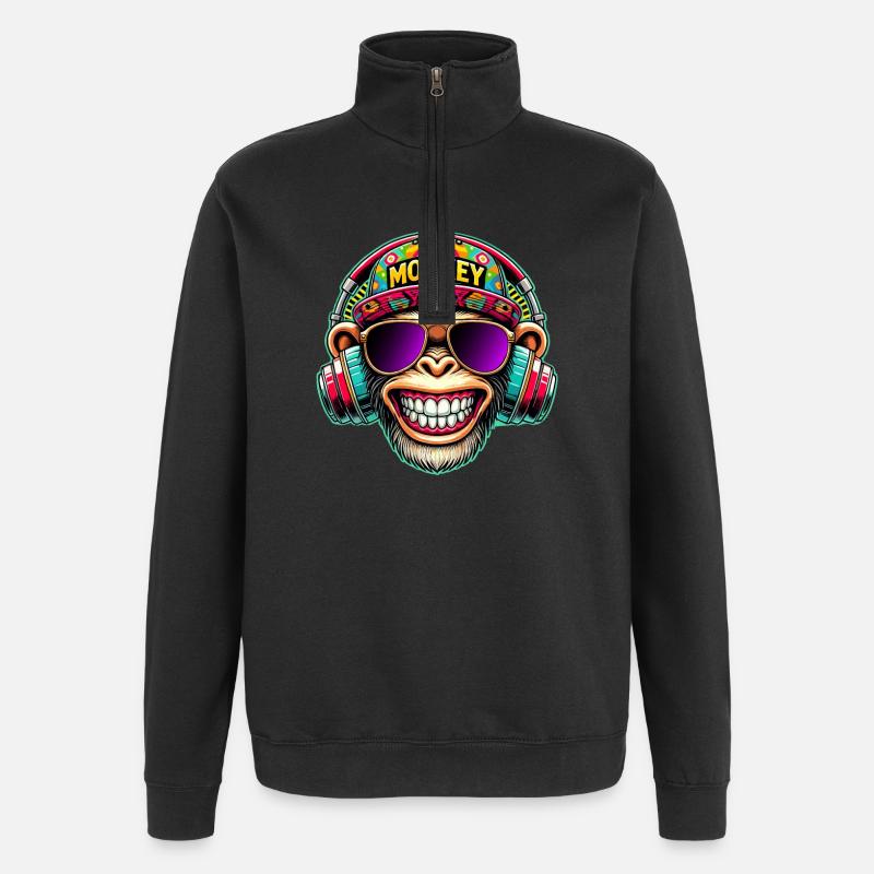 Cooler DJ Monkey Kopfhörer Bunter Retro-Stil - Quarter-Zip-Sweatshirt - Schwarz