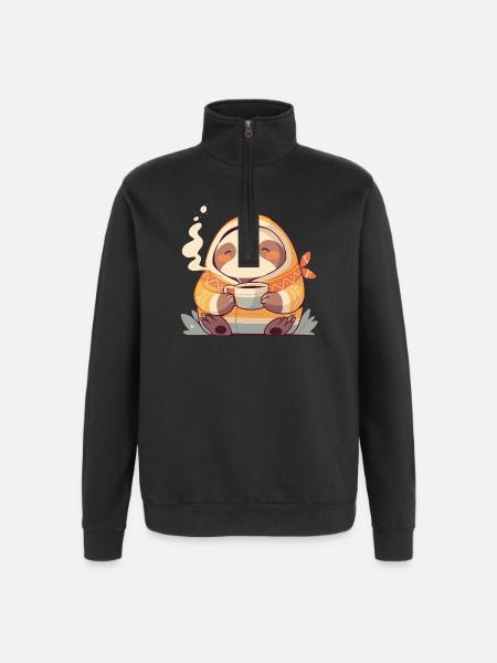 Faultier-Illustration mit seiner Tasse Kaffee - Quarter-Zip-Sweatshirt - Schwarz