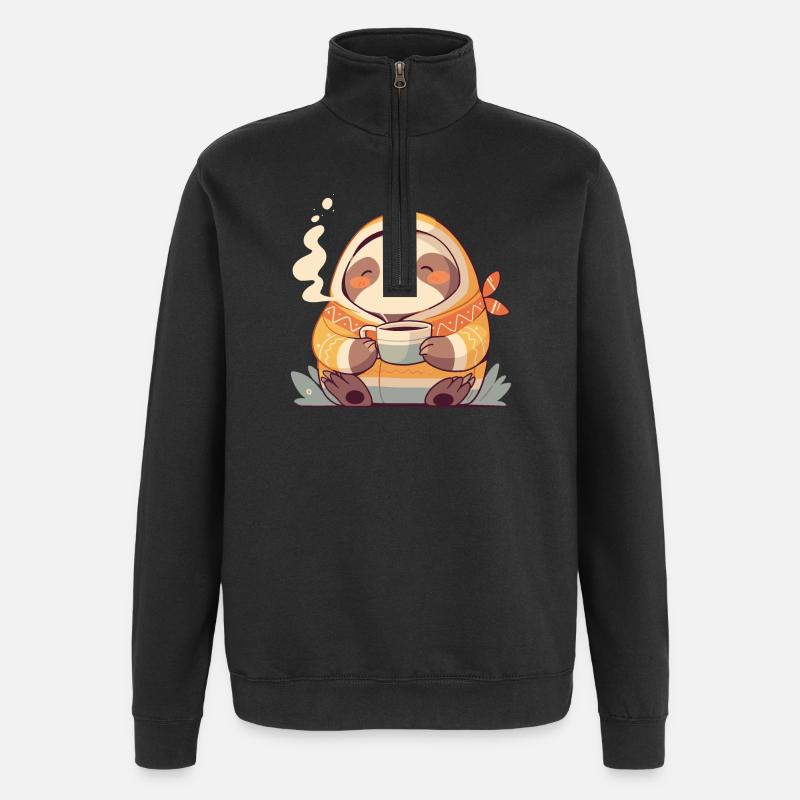 Faultier-Illustration mit seiner Tasse Kaffee - Quarter-Zip-Sweatshirt - Schwarz
