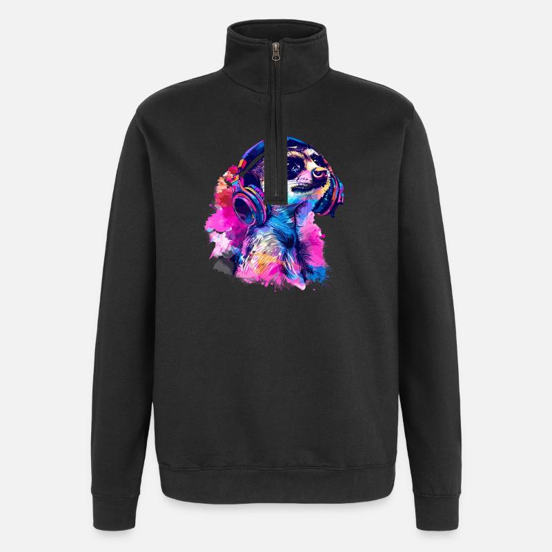 Erdmännchen Erdhündchen Scharrtier mit Kopfhörer - Quarter-Zip-Sweatshirt - Schwarz