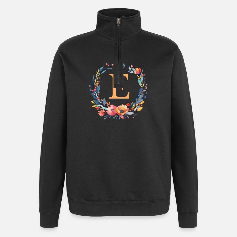E Monogram, Flower Wreath, Personalizable - Quarter-Zip Sweatshirt - black