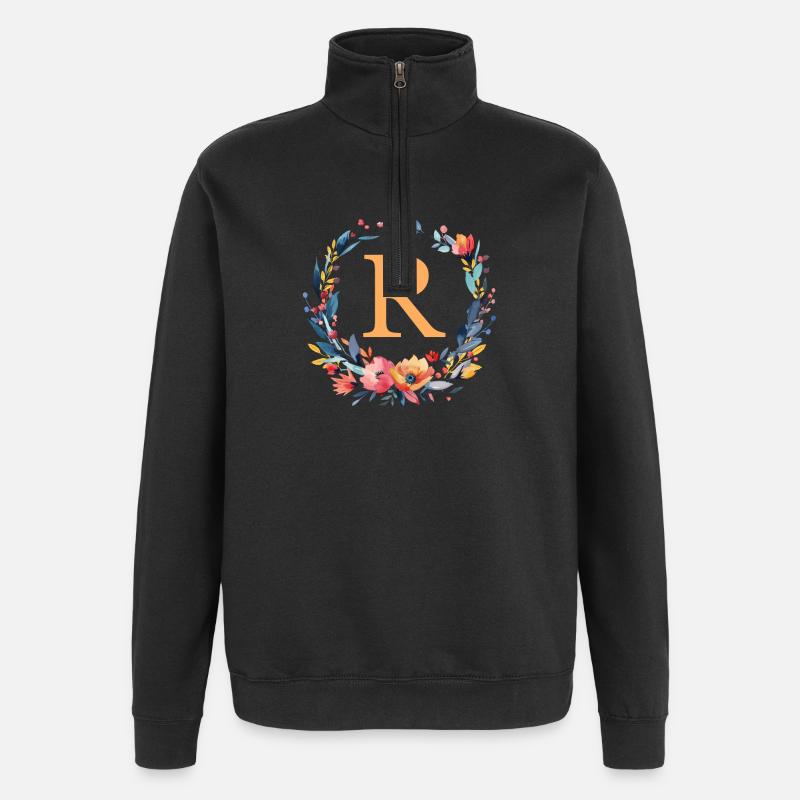 R Monogram, Couronne de fleurs, Personnalisable - Sweat à zip 1/4 - noir