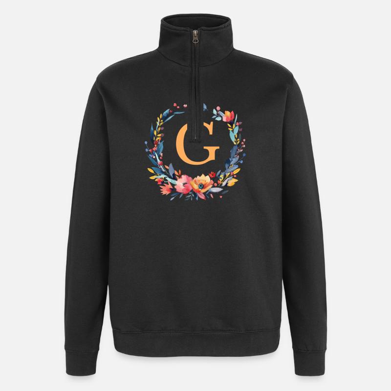 G Monogram, Flower Wreath, Personalizable - Quarter-Zip Sweatshirt - black