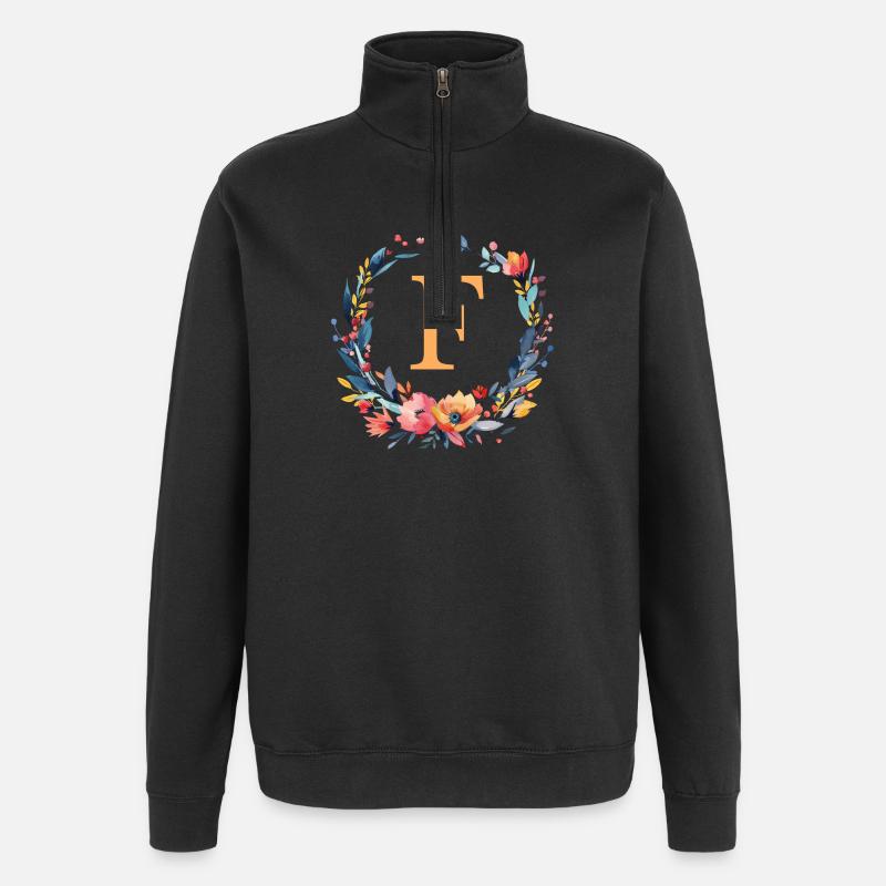 F Monogram, Flower Wreath, Personalizable - Quarter-Zip Sweatshirt - black