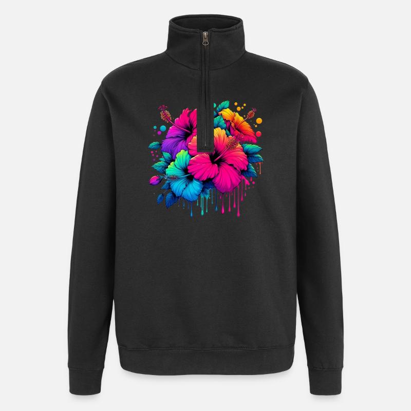 Fleurs d’hibiscus - Sweat à zip 1/4 - noir