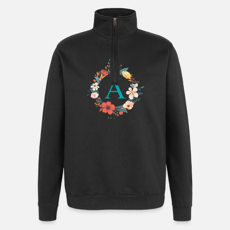 A Monogramm, Blumen-Kranz, personalisierbar - Quarter-Zip-Sweatshirt - Schwarz