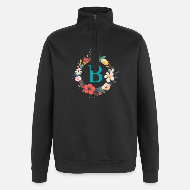 B Monogram, Flower Wreath, Personalizable - Quarter-Zip Sweatshirt - black