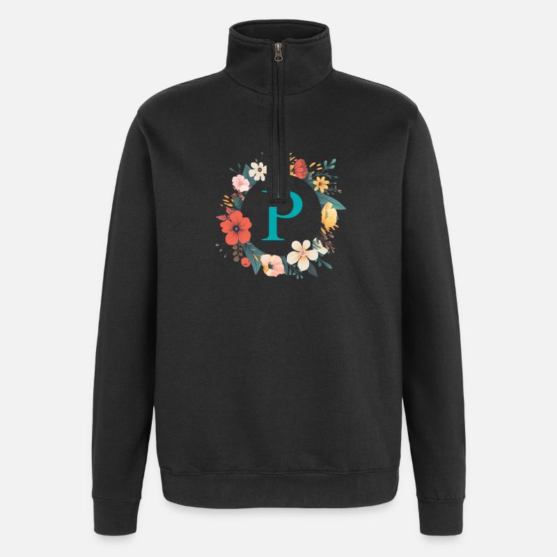 P Monogram, Flower Wreath, Personalizable - Quarter-Zip Sweatshirt - black