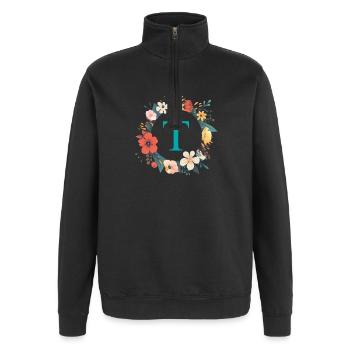 T Monogram, Couronne de fleurs, Personnalisable - Sweat à zip 1/4 - noir - Devant - AI Model Female 172 light (172cm) & AI Model Male 178 dark (178cm)
