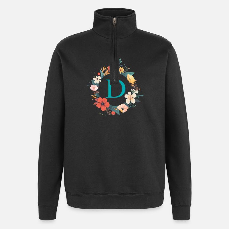 D Monogramm, Blumen-Kranz, personalisierbar - Quarter-Zip-Sweatshirt - Schwarz