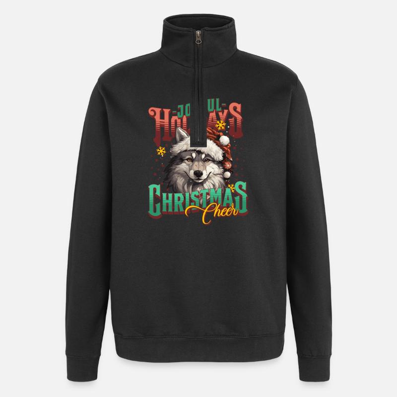Fröhlicher Weihnachtswolf mit Santa-Mütze - Quarter-Zip-Sweatshirt - Schwarz