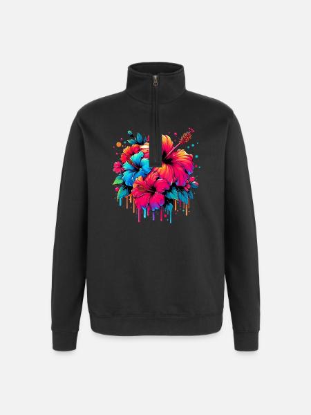 Fleurs d’hibiscus - Sweat à zip 1/4 - noir