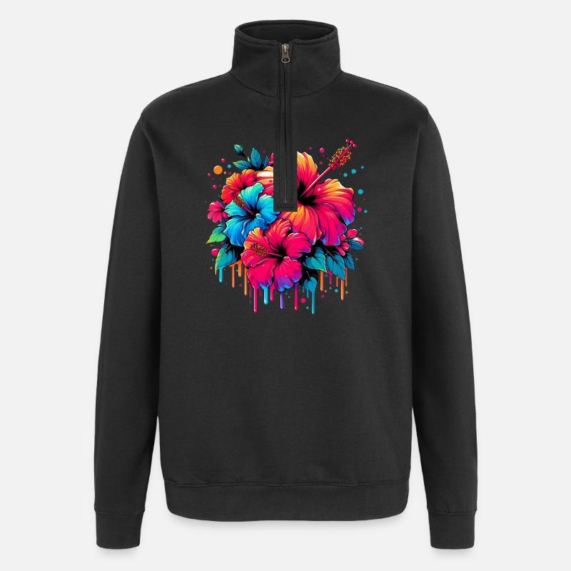 Hibiskusblüten - Quarter-Zip-Sweatshirt - Schwarz