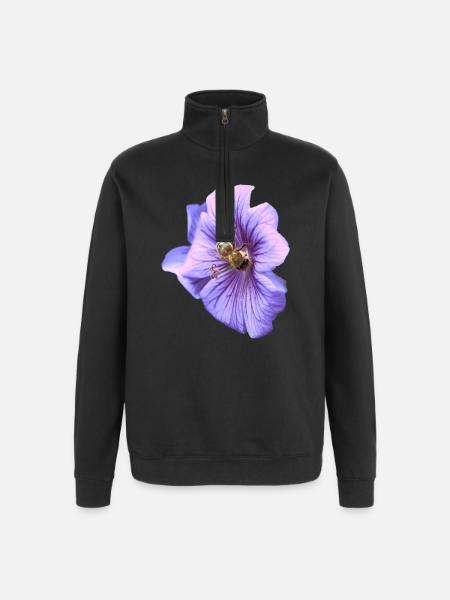 Violette Blüte mit Biene - Quarter-Zip-Sweatshirt - Schwarz
