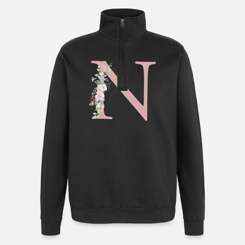N Monogram, Floral, Personalizable - Quarter-Zip Sweatshirt - black