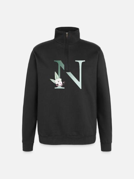 N Monogram, Floral, Personalizable - Quarter-Zip Sweatshirt - black
