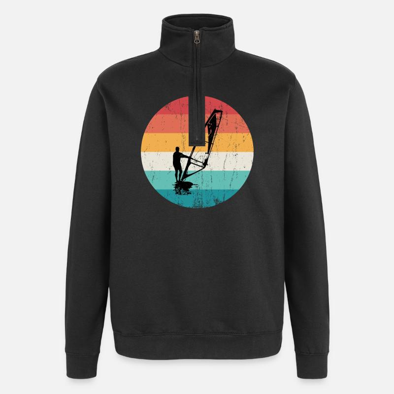 Retro Windsurf Silhouette Over Sunset Stripes - Quarter-Zip Sweatshirt - black