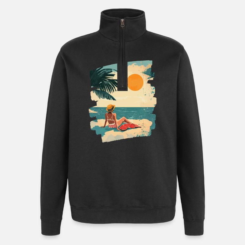 Plage d’été rétro - Sweat à zip 1/4 - noir