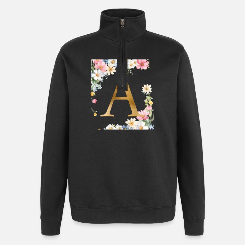 A Monogramm, Floral, personalisierbar - Quarter-Zip-Sweatshirt - Schwarz