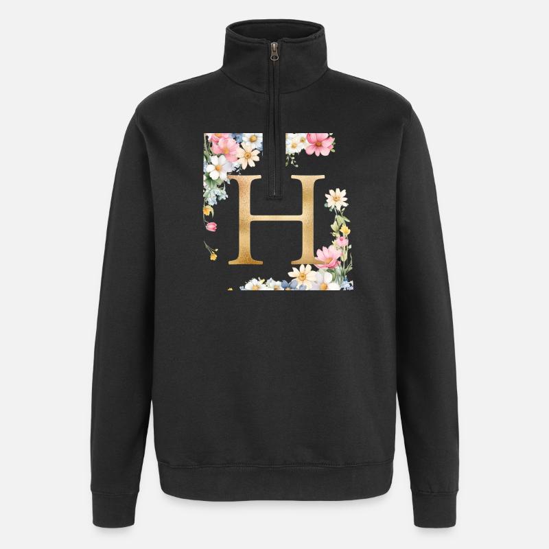 H Monogramm, Floral, personalisierbar - Quarter-Zip-Sweatshirt - Schwarz