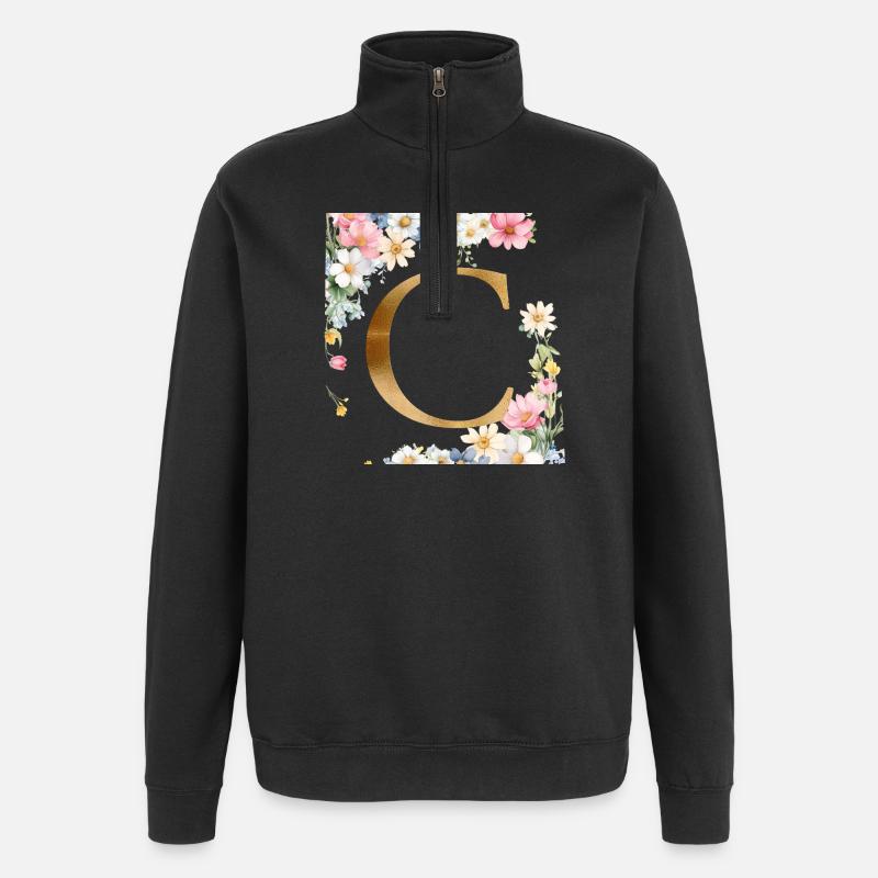 C Monogram, Floral, Customizable - Quarter-Zip Sweatshirt - black