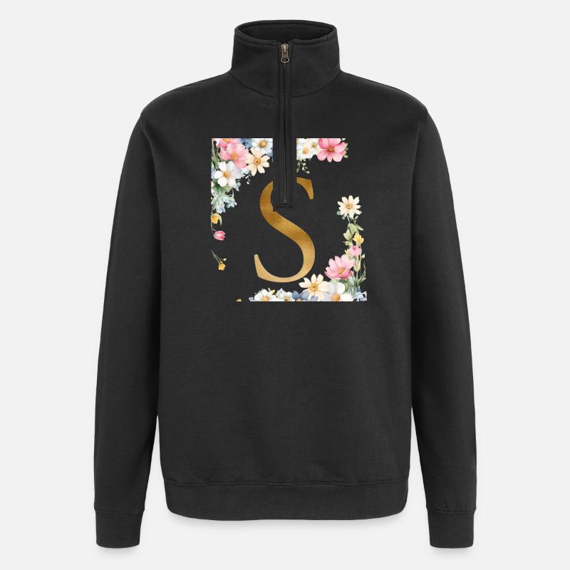 S Monogram, Floral, Personalizable - Quarter-Zip Sweatshirt - black