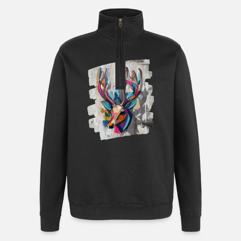 Cerf avec bois - Sweat à zip 1/4 - noir