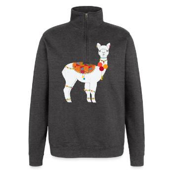 Alpaga décoré de manière traditionnelle - motif bohème coloré - Sweat à zip 1/4 - charbon - Devant - AI Model Female 172 light (172cm) & AI Model Male 178 dark (178cm)