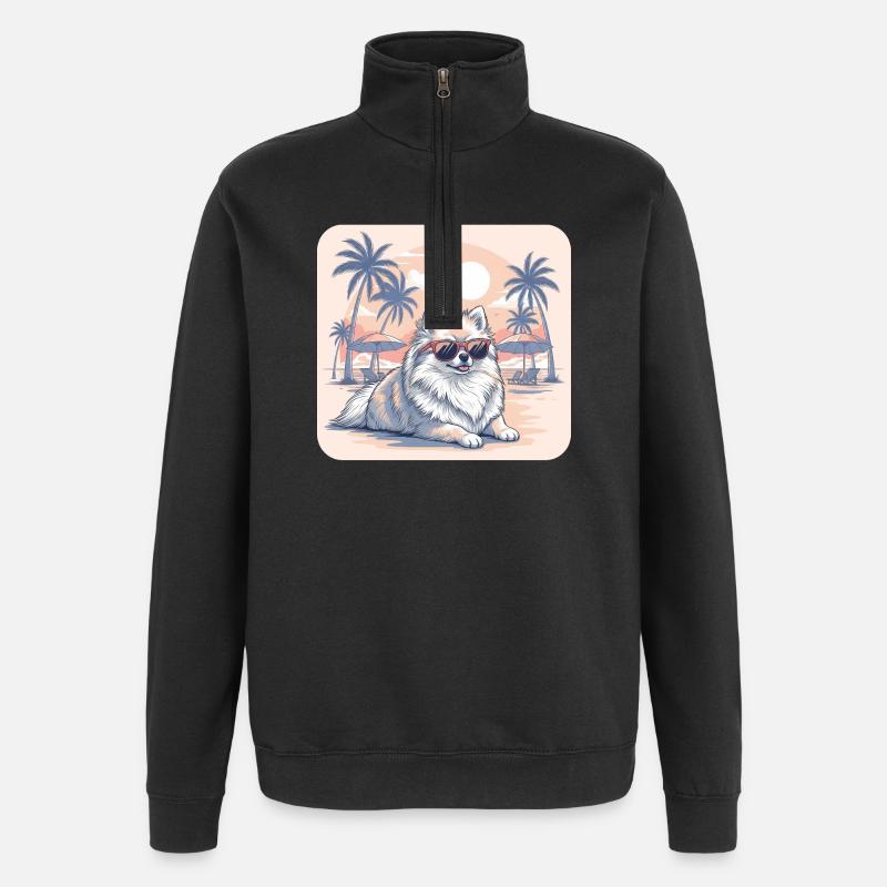 Zwergspitzer Hund mit Brille am Strand - Quarter-Zip-Sweatshirt - Schwarz
