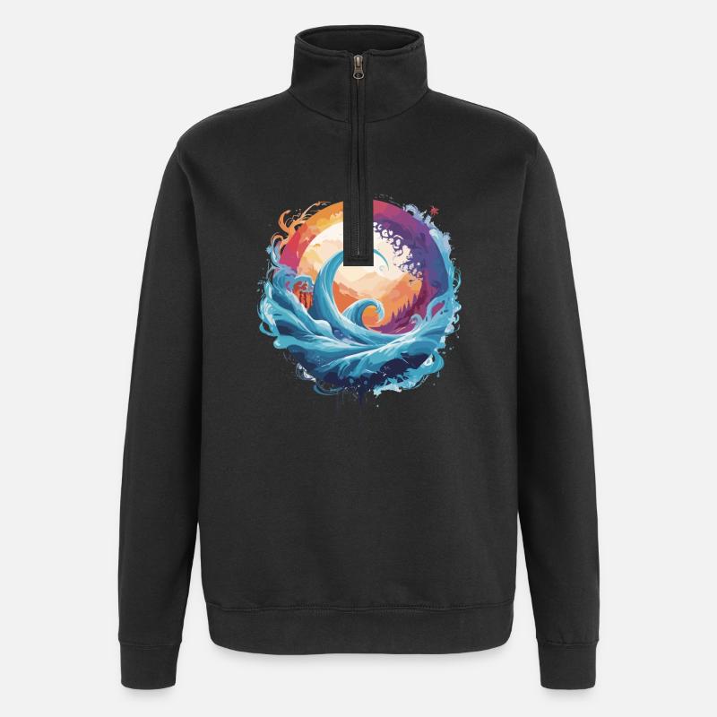 Dynamic wave and moon circle - Quarter-Zip Sweatshirt - black