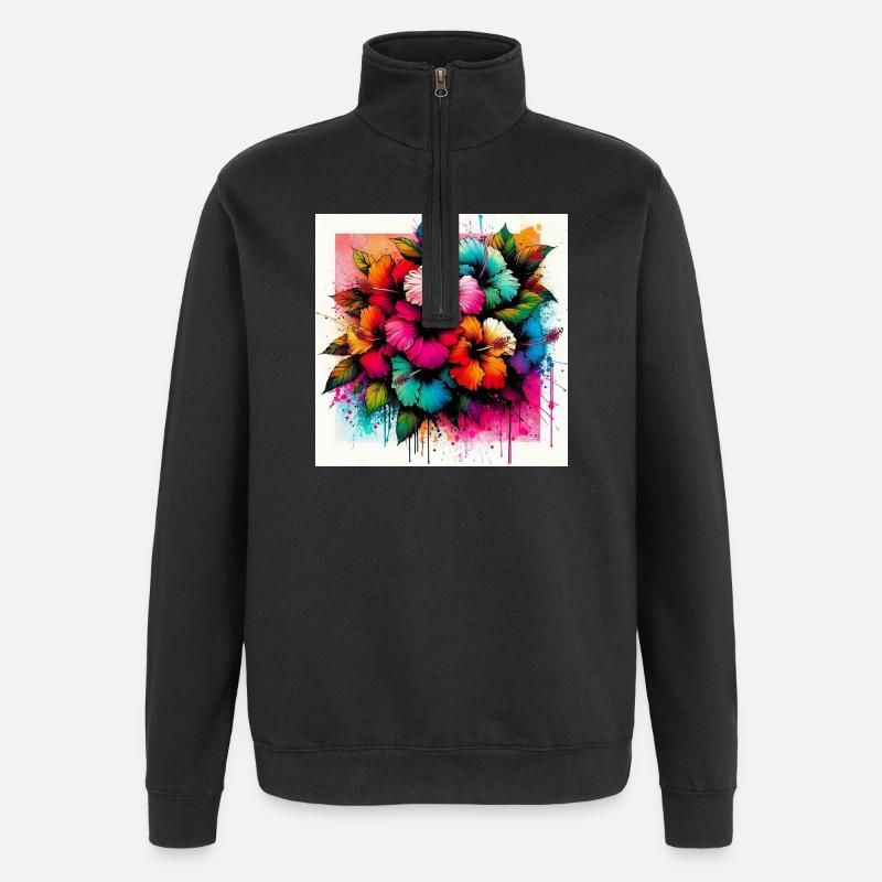 Hibiskusblüten - Quarter-Zip-Sweatshirt - Schwarz