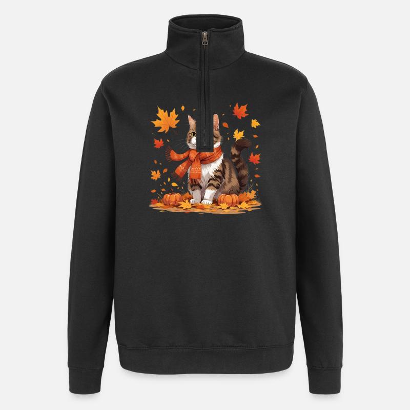 Herbstliche Katze mit Kürbissen - Quarter-Zip-Sweatshirt - Schwarz