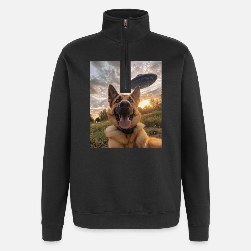 German Shepherd Selfie with UFO - Quarter-Zip Sweatshirt - black