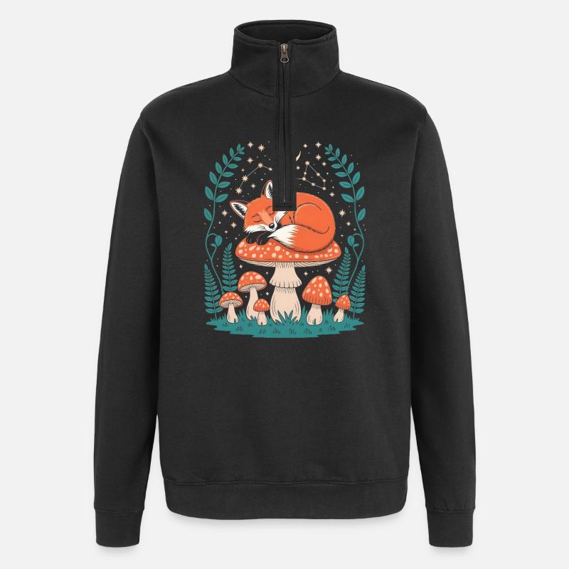 Whimsical Fox Sleeping on Mushroom - Quarter-Zip Sweatshirt - black