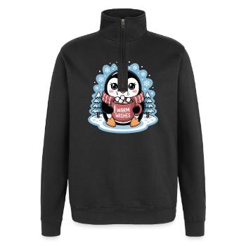 Pingouin, vœux chaleureux d'hiver avec une tasse de cacao - Sweat à zip 1/4 - noir - Devant - AI Model Female 172 light (172cm) & AI Model Male 178 dark (178cm)