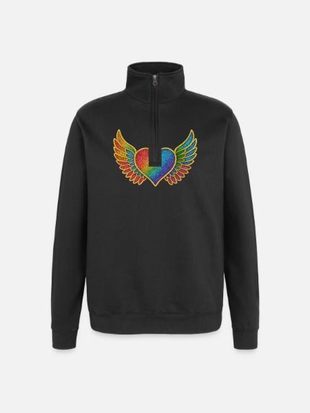 Rainbow Heart with Angel Wings Embroidery - Quarter-Zip Sweatshirt - black