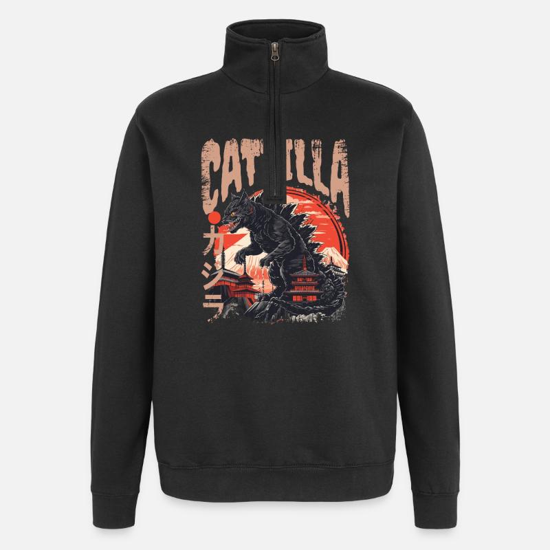 Japanische Kaiju Katze  - Quarter-Zip-Sweatshirt - Schwarz