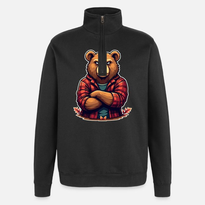 Bear in Plaid Flannel - Quarter-Zip Sweatshirt - black