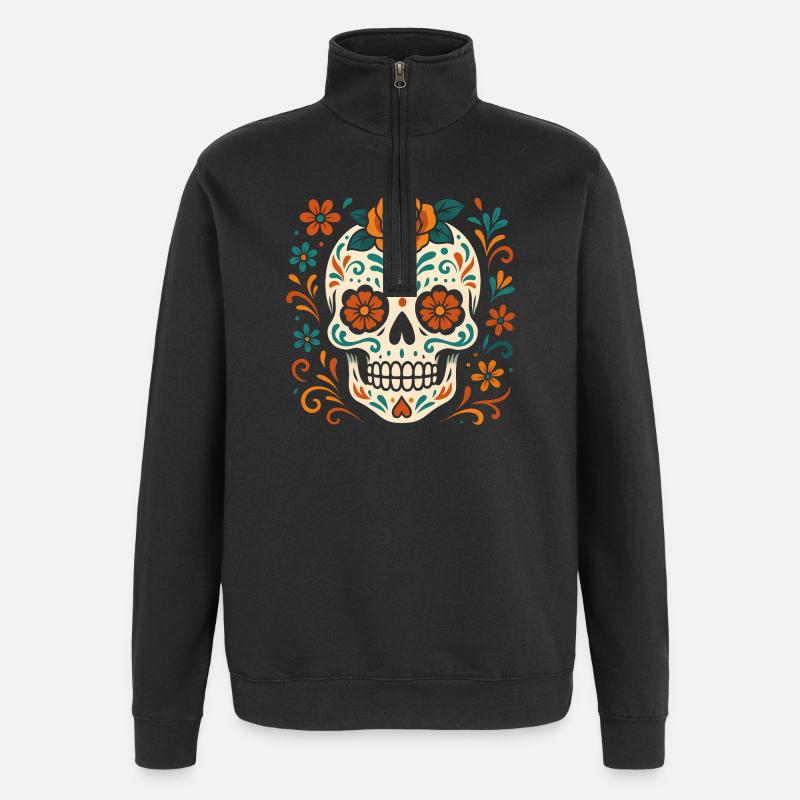 Floral skull with roses - Quarter-Zip Sweatshirt - black