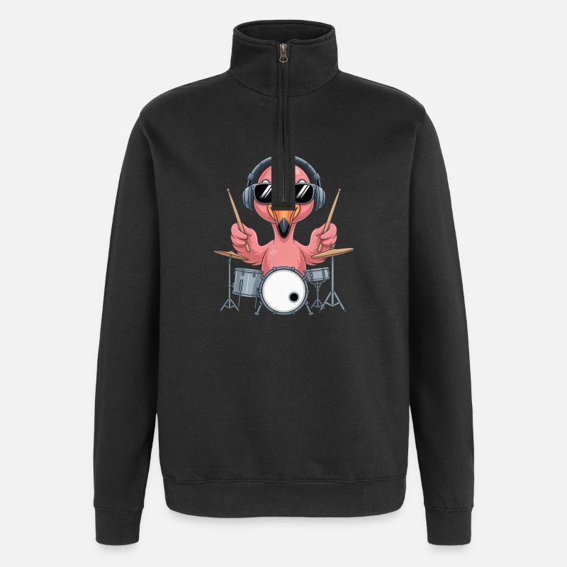 Flamingo Schlagzeuger Mit Kopfhörern - Quarter-Zip-Sweatshirt - Schwarz