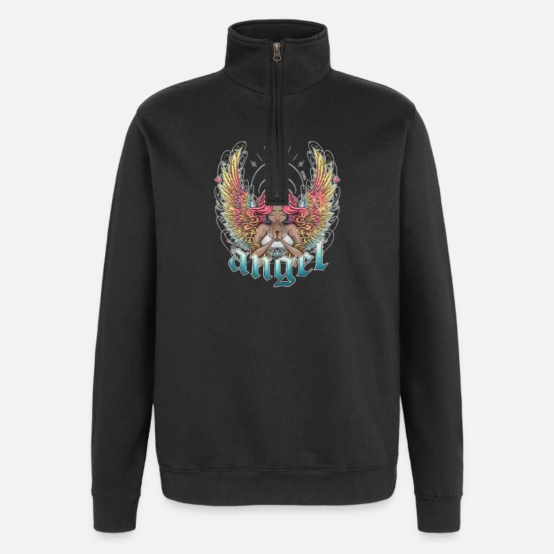 Celestial Angel with Multicoloured Wings - Quarter-Zip Sweatshirt - black