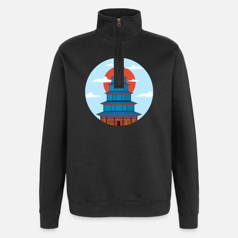 Pagode Traditionnel Bleu et Orange - Sweat à zip 1/4 - noir